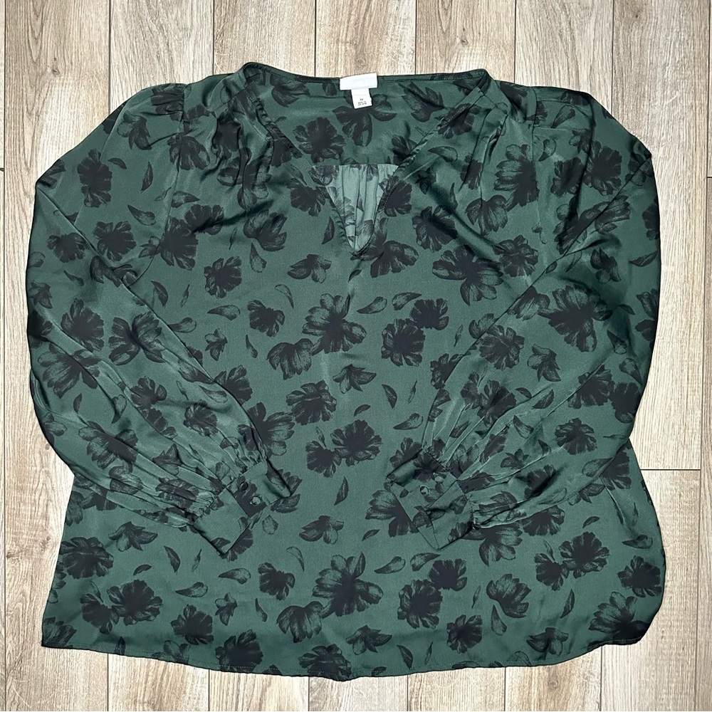 Ava & Viv Balloon Sleeve Emerald Green Satin Floral Blouse